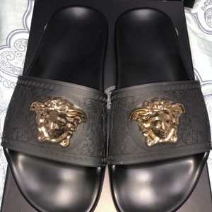 Black Baroque Medusa Slides Sandals